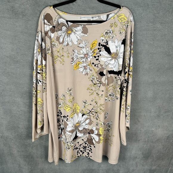 Susan Graver Top Womens 3X Tan Floral Beaded Liquid Knit Stretch Comfort Office - Picture 2 of 15